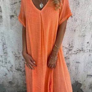 Linen Solid V Neck Midi Dress - Effortless Y2K Aesthetic for Chic Summer Outfits