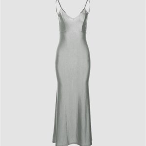 Liquid Metal V-Neck Strap Dress - Y2K Aesthetic Party Dress for Trendy Nights Out