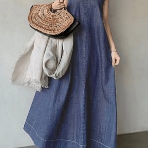 Literary Denim Tie Back V-Neck Long Dress - Y2K Aesthetic Fashion for Effortless Style