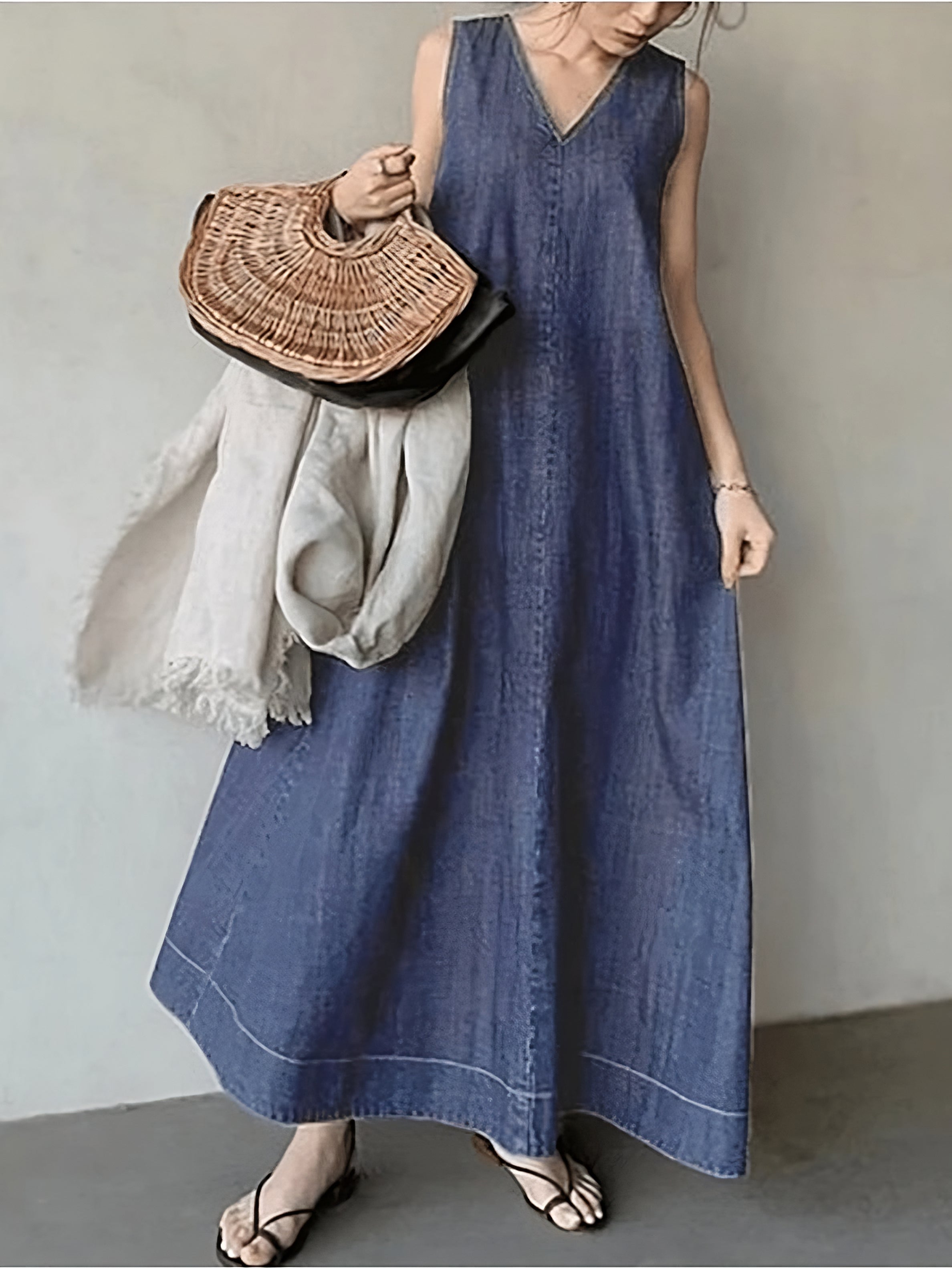 Literary Denim Tie Back V-Neck Long Dress - Y2K Aesthetic Fashion for Effortless Style