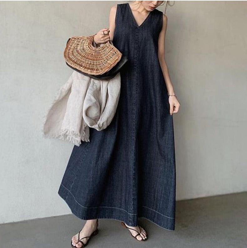 Literary Denim Tie Back V-Neck Long Dress - Y2K Aesthetic Fashion for Effortless Style