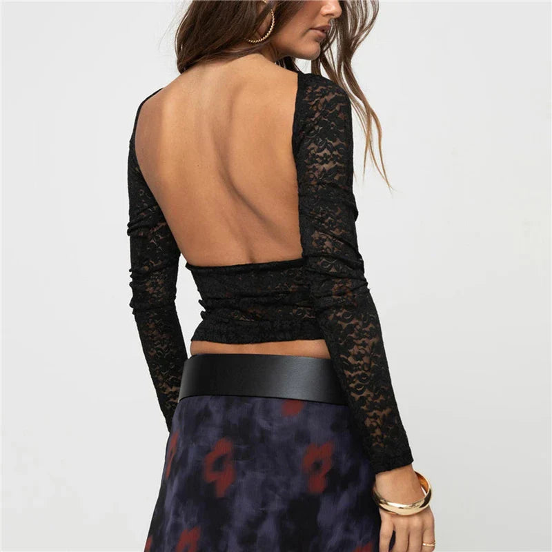 Liza Backless Long Sleeve Lace Top - Y2K Fashion Coquette Aesthetic Cute Top