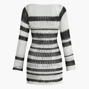 Long Sleeve Contrast Trim Sweater Dress - Y2K Aesthetic Cozy Fashion Essential