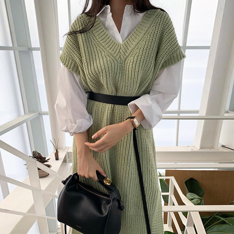 Long Sleeve Split Knit Vest Dress - Y2K Aesthetic Layered Outfit for Trendy Looks