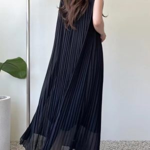 Loose Comfy Tie Waist Pleated Dress - Y2K Aesthetic Fashion for Effortless Style