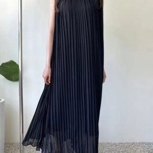 Loose Comfy Tie Waist Pleated Dress - Y2K Aesthetic Fashion for Effortless Style