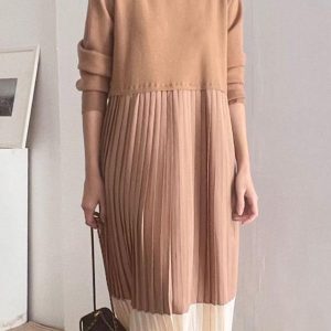 Loose Contrast Panel Pleated Long Dress - Y2K Aesthetic Maxi Dress for Effortless Style