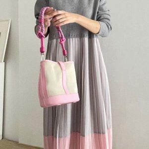 Loose Contrast Panel Pleated Long Dress - Y2K Aesthetic Maxi Dress for Effortless Style