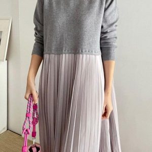 Loose Contrast Panel Pleated Long Dress - Y2K Aesthetic Maxi Dress for Effortless Style