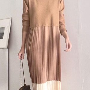 Loose Contrast Panel Pleated Long Dress - Y2K Aesthetic Maxi Dress for Effortless Style