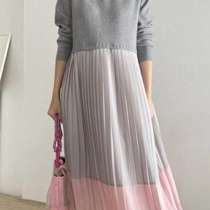 Loose Contrast Panel Pleated Long Dress - Y2K Aesthetic Maxi Dress for Effortless Style