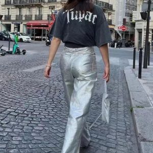 Loose PU Women’s Baggy Pants with Pockets - Solid Casual High Waist Streetwear for Fall 2024