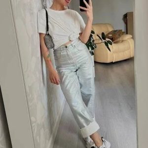 Loose PU Women’s Baggy Pants with Pockets - Solid Casual High Waist Streetwear for Fall 2024