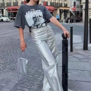 Loose PU Women’s Baggy Pants with Pockets - Solid Casual High Waist Streetwear for Fall 2024