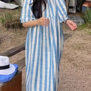 Loose Stripe Short Sleeve Maxi Dress - Y2K Aesthetic Casual Summer Outfit