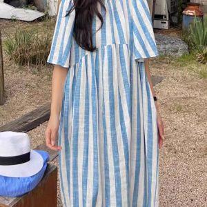 Loose Stripe Short Sleeve Maxi Dress - Y2K Aesthetic Casual Summer Outfit