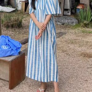 Loose Stripe Short Sleeve Maxi Dress - Y2K Aesthetic Casual Summer Outfit