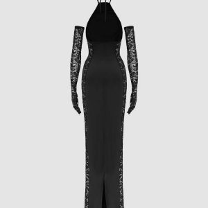 Lovelace Maxi Dress with Gloves - Y2K Aesthetic Coquette Style for Effortless Elegance