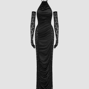 Lovelace Maxi Dress with Gloves - Y2K Aesthetic Coquette Style for Effortless Elegance