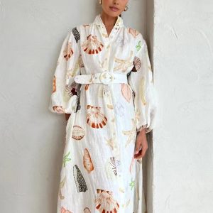 Marine Life Print Y2K Aesthetic Button-Front Belted Maxi Dress for Trendy Summer Vibes