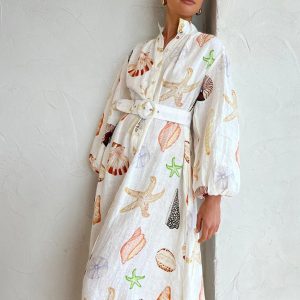 Marine Life Print Y2K Aesthetic Button-Front Belted Maxi Dress for Trendy Summer Vibes