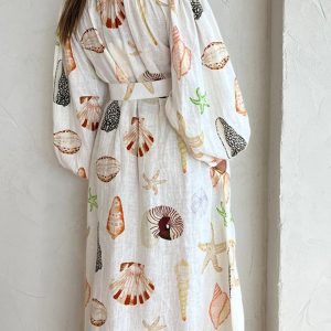 Marine Life Print Y2K Aesthetic Button-Front Belted Maxi Dress for Trendy Summer Vibes