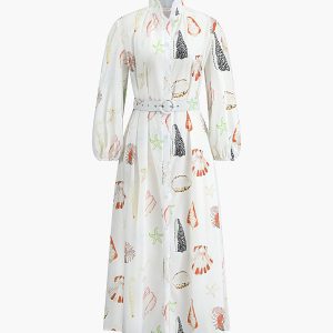 Marine Life Print Y2K Aesthetic Button-Front Belted Maxi Dress for Trendy Summer Vibes