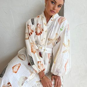 Marine Life Print Y2K Aesthetic Button-Front Belted Maxi Dress for Trendy Summer Vibes