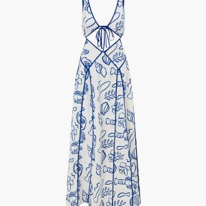 Marine Organism Print Backless Maxi Dress - Y2K Aesthetic Summer Fashion