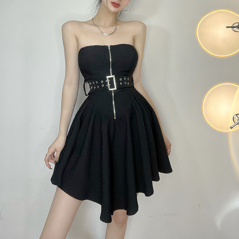 Metal Buckle Belt Irregular Hem A-Line Swing Dress for Y2K Fashion Aesthetic