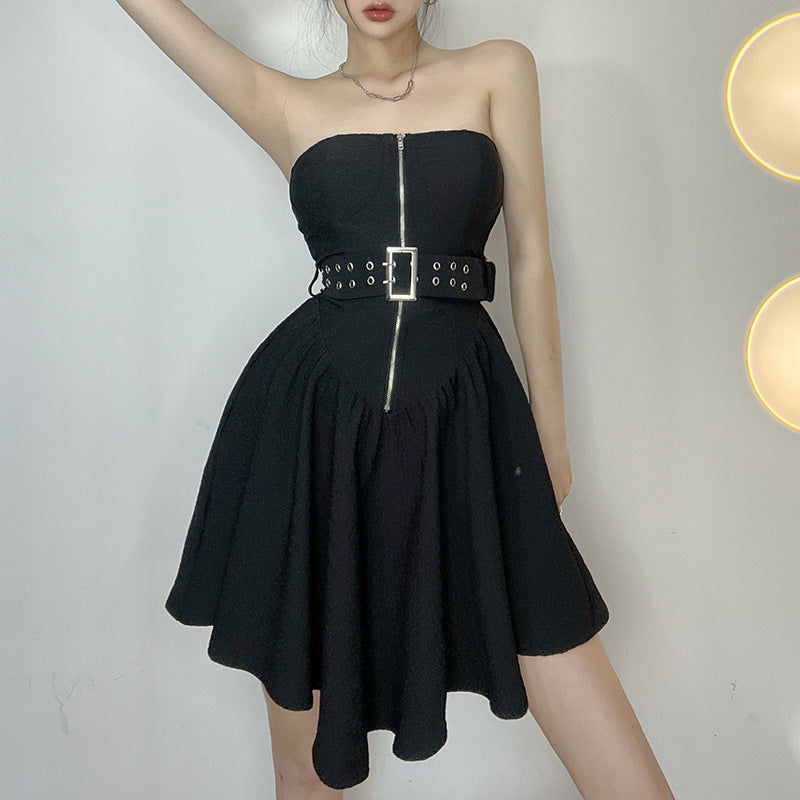 Metal Buckle Belt Irregular Hem A-Line Swing Dress for Y2K Fashion Aesthetic