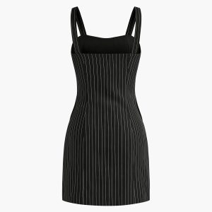 Metal Button Stripe Low Cut Dress - Y2K Aesthetic Fashion for Trendy Outfits