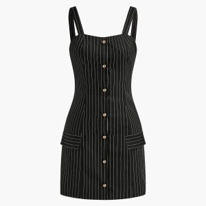 Metal Button Stripe Low Cut Dress - Y2K Aesthetic Fashion for Trendy Outfits