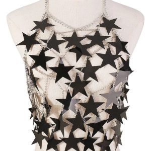 Metal Stars Sequins See-Through Bikini Tank Top - Y2K Aesthetic Solid Crop Top for Beach