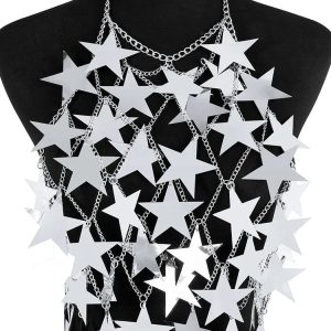 Metal Stars Sequins See-Through Bikini Tank Top - Y2K Aesthetic Solid Crop Top for Beach