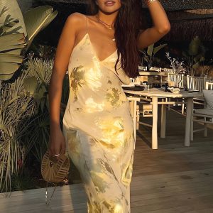 Metallic Print V-Neck Backless Slip Dress - Y2K Aesthetic Glam for Chic Nights Out