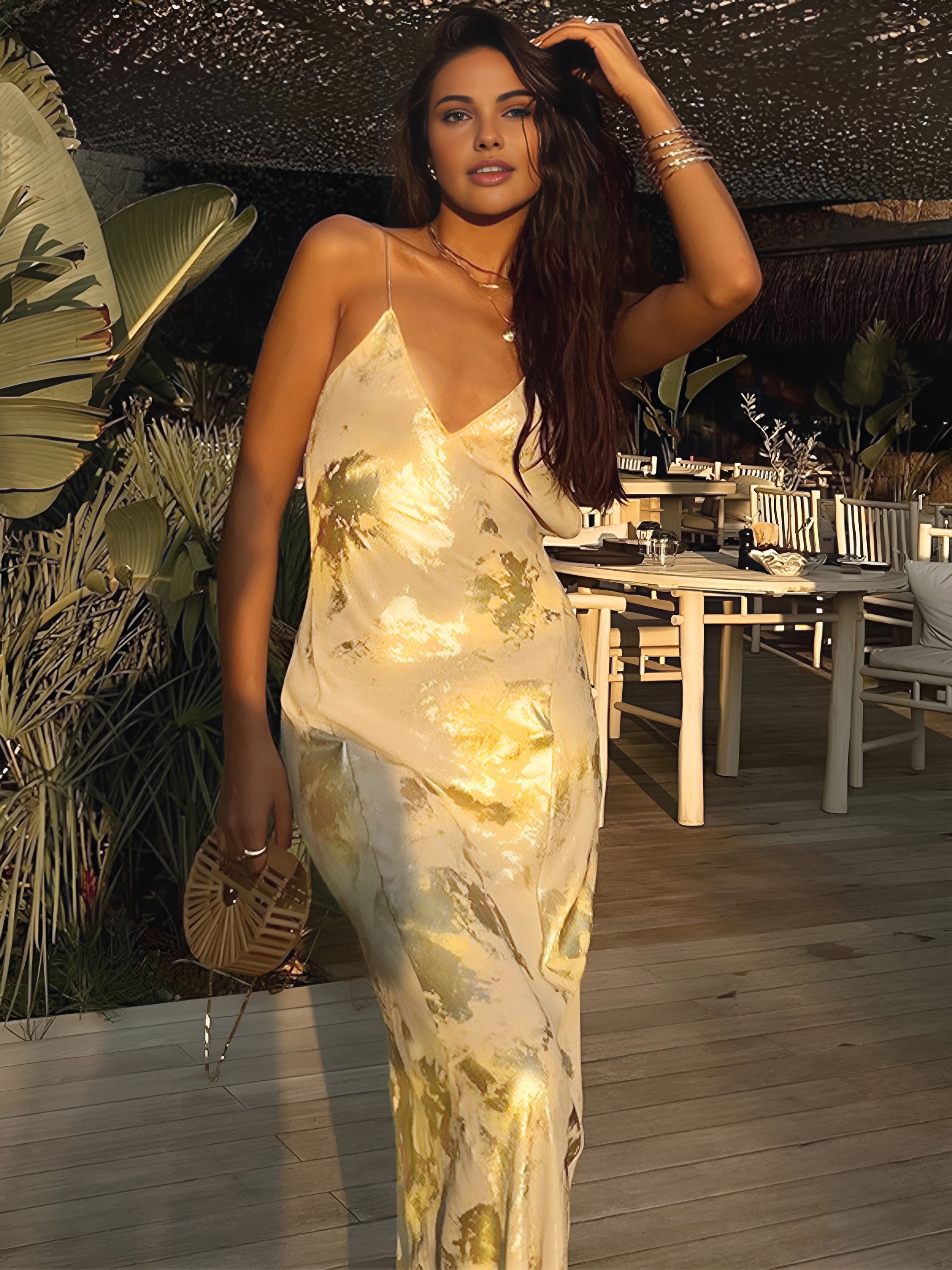 Metallic Print V-Neck Backless Slip Dress - Y2K Aesthetic Glam for Chic Nights Out