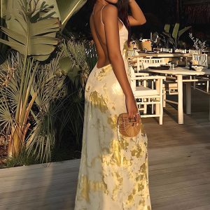 Metallic Print V-Neck Backless Slip Dress - Y2K Aesthetic Glam for Chic Nights Out