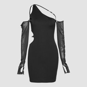 Midnight Guild Y2K Fashion Dress with Mesh Sleeves for Coquette and Grunge Aesthetics