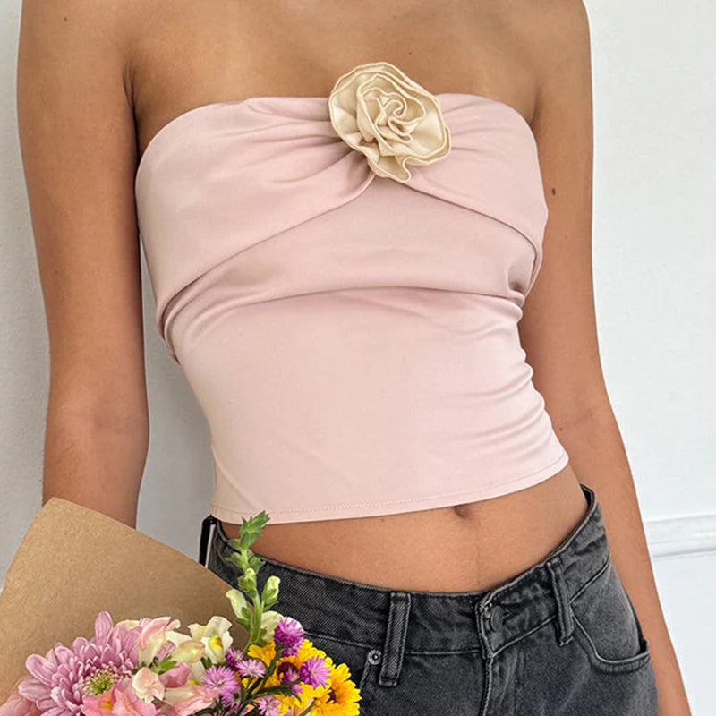 Mikah Floral Strapless Top - Y2K Aesthetic Cute Crop Top for Coquette Style Outfits