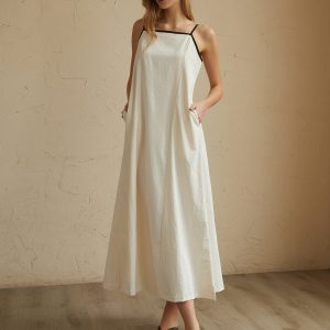 Minimalist Contrast Trim Long Dress - Chic Y2K Aesthetic for Effortless Style