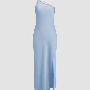 Moonlight Satin Slit Long Dress with Open Back - Elegant Y2K Aesthetic Evening Wear