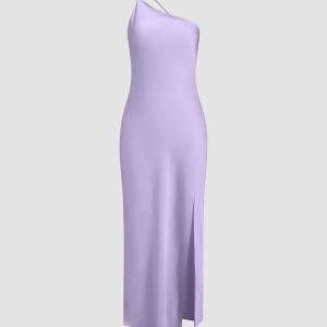 Moonlight Satin Slit Long Dress with Open Back - Elegant Y2K Aesthetic Evening Wear