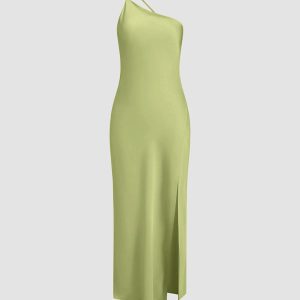 Moonlight Satin Slit Long Dress with Open Back - Elegant Y2K Aesthetic Evening Wear