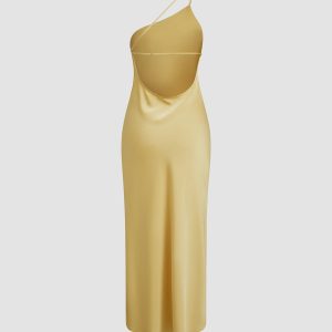 Moonlight Satin Slit Long Dress with Open Back - Elegant Y2K Aesthetic Evening Wear