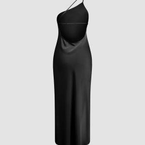 Moonlight Satin Slit Long Dress with Open Back - Elegant Y2K Aesthetic Evening Wear