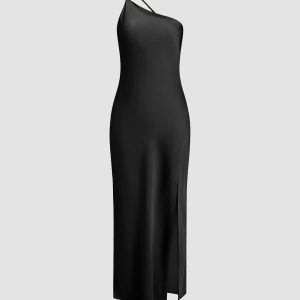 Moonlight Satin Slit Long Dress with Open Back - Elegant Y2K Aesthetic Evening Wear