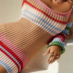 Multi-Color Contrast Hollow Out Knit Dress - Y2K Aesthetic Cute Dress for Trendy Outfits