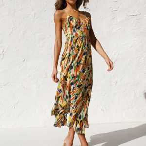 Multi-Color Print Cami Midi Dress for Y2K Aesthetic and Coquette Style Outfits