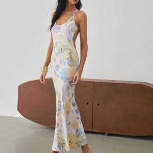 Multi Floral Print Backless Maxi Dress - Y2K Aesthetic Boho Style for Effortless Elegance